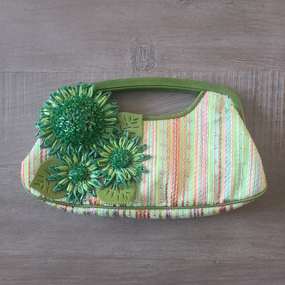 Isabella Fiore Floral Embellished Green Clutch Handbag